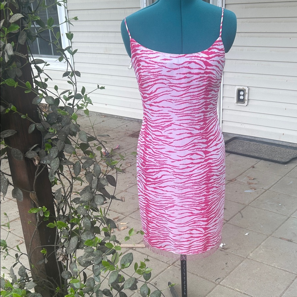 Vintage Laundry by Shelli Segal Beaded Pink Zebra Print Slip Dress